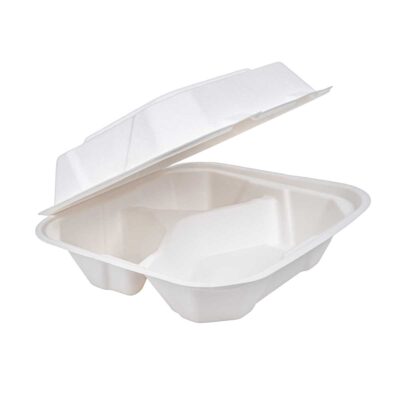 8 × 8 Inch Bagasse Compartment Clamshell Container (3 Compartment)